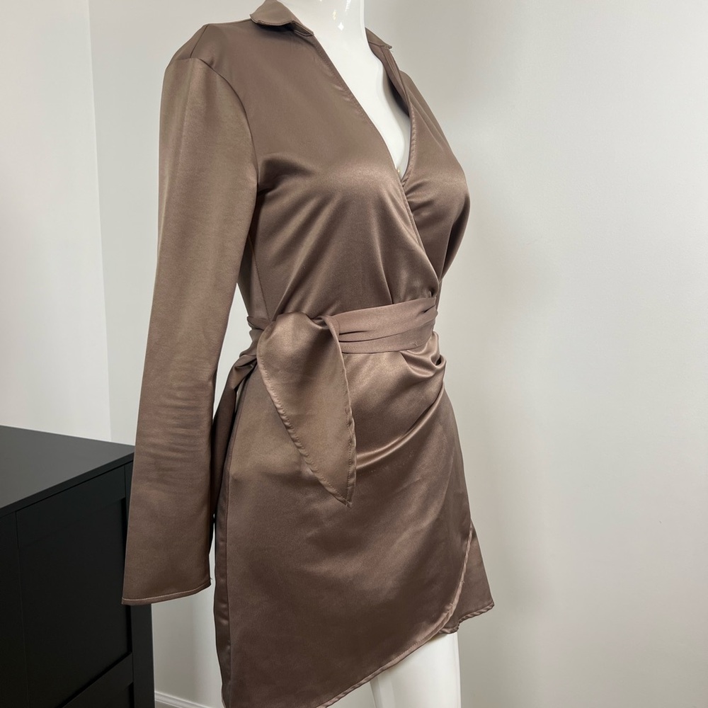 PrettyLittleThing Chocolate Satin Wrap Dress